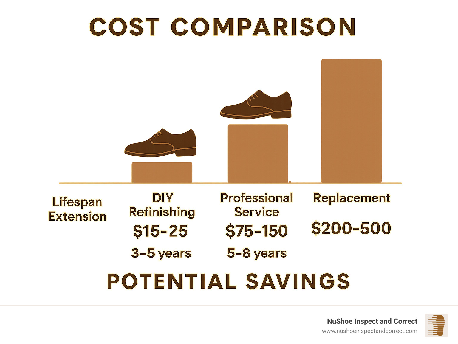Cost comparison chart showing DIY leather refinishing at $15-25 versus professional service at $75-150 versus replacement at $200-500, with lifespan extension of 3-5 years for DIY, 5-8 years for professional, highlighting potential savings - leather shoe refinishing infographic 