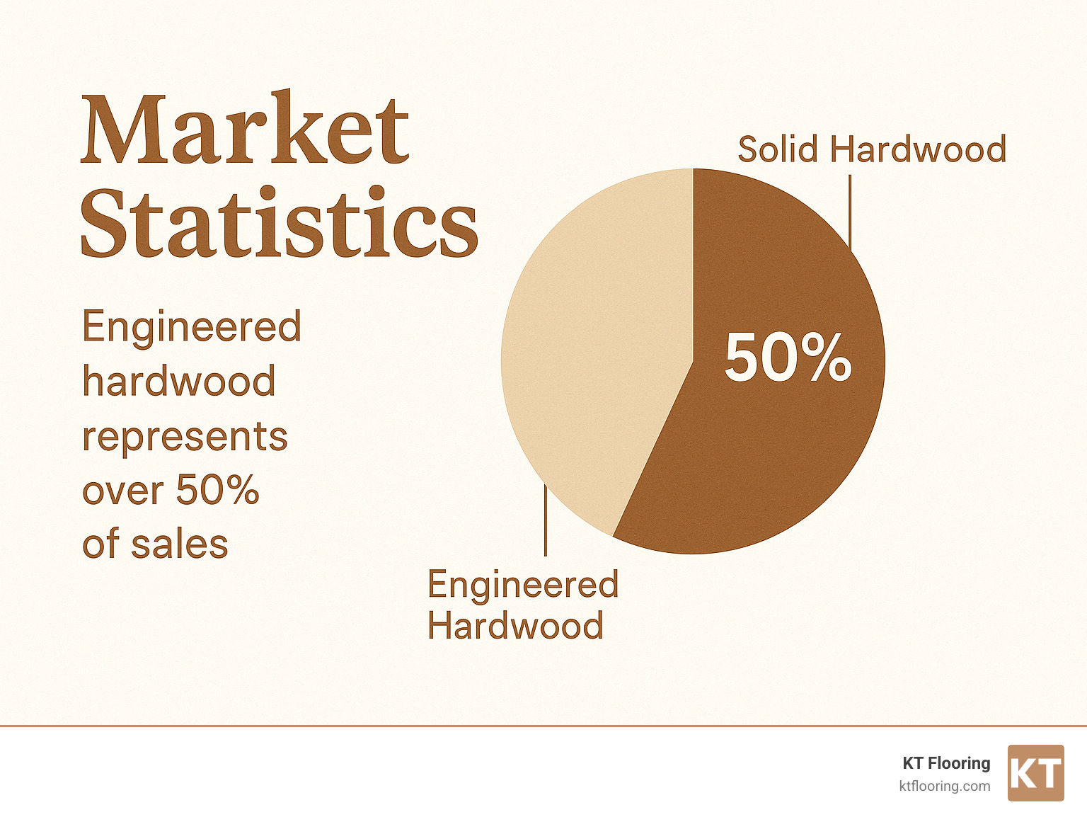 Market statistics showing solid versus engineered hardwood market share, with engineered hardwood representing over 50% of sales - hardwood flooring manufacturers infographic