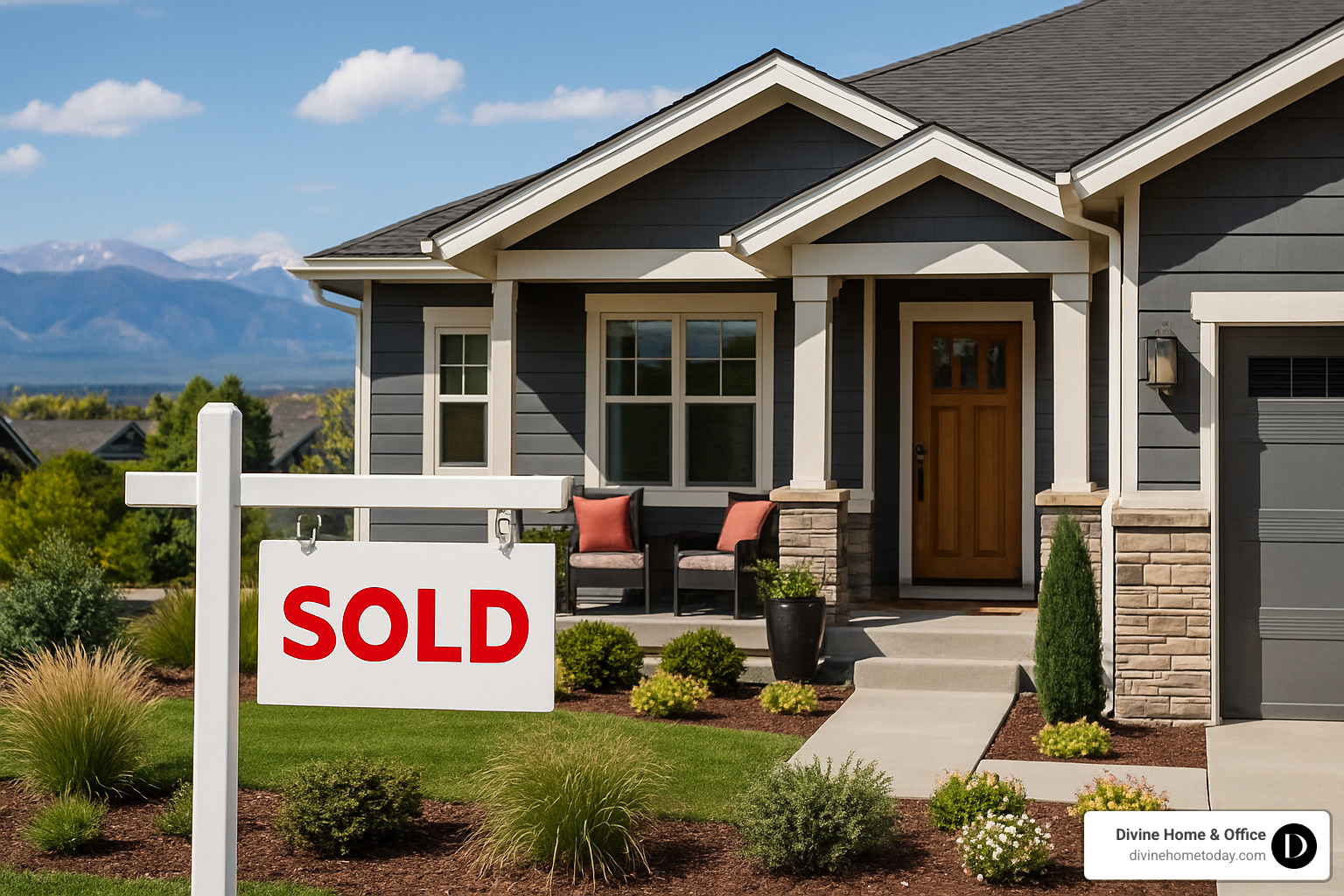Image of a "SOLD" sign in front of a beautifully staged Denver home with mountain views in the background, representing successful staging ROI - denver home staging cost