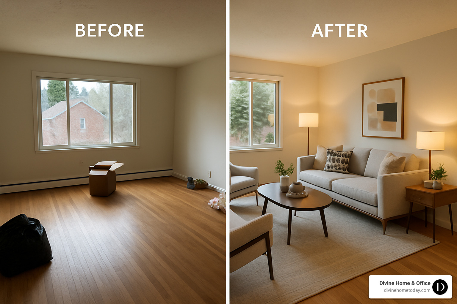Before and after images of a Denver living room showing dramatic change from empty/cluttered space to beautifully staged room with modern furniture and warm lighting - denver home staging cost