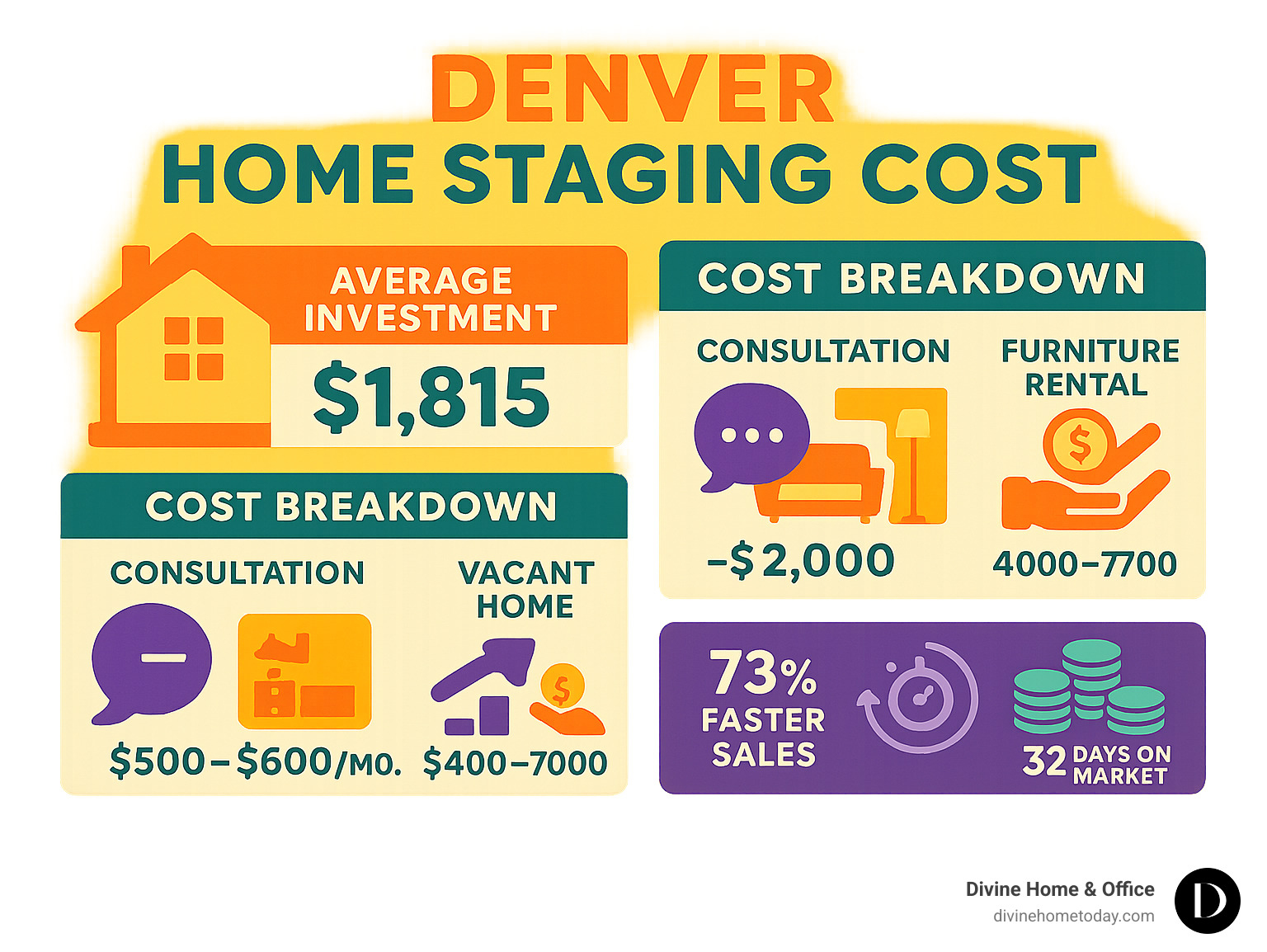 Infographic showing Denver home staging cost breakdown with average investment of $1,815 leading to 5-23% higher sale prices, 73% faster sales, and typical ROI of 8-10x investment within 32 days on market - denver home staging cost infographic 