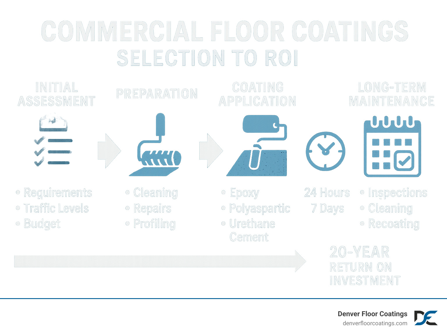 Comprehensive guide showing commercial floor coating selection process from initial assessment through 20-year return on investment, including preparation steps, coating application, cure times, and long-term maintenance schedule - commercial floor coatings infographic Comprehensive guide showing commercial floor coating selection process from initial assessment through 20-year return on investment, including preparation steps, coating application, cure times, and long-term maintenance schedule - commercial floor coatings infographic