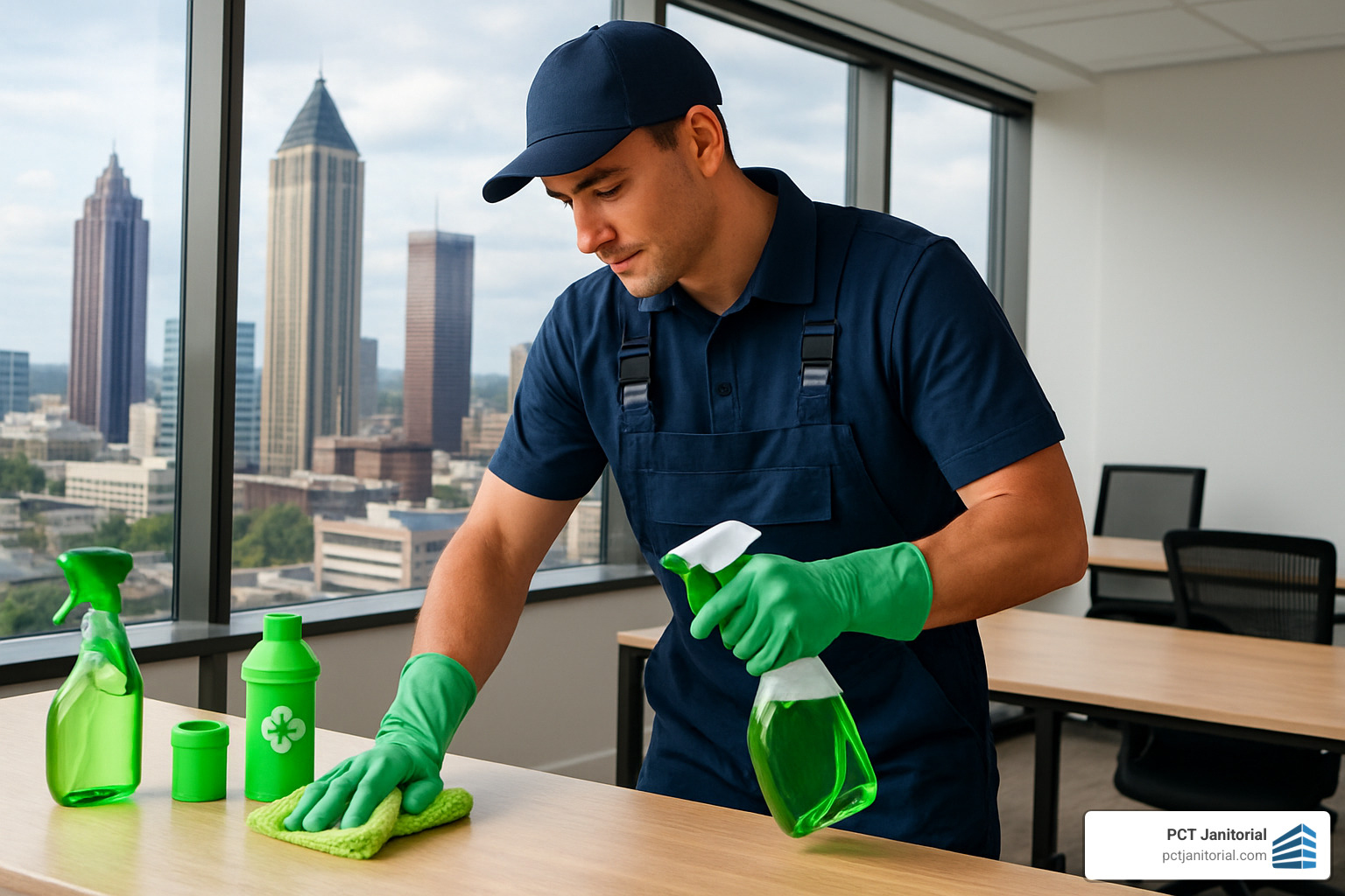Professional cleaner using eco-friendly products in Atlanta office - office cleaning atlanta