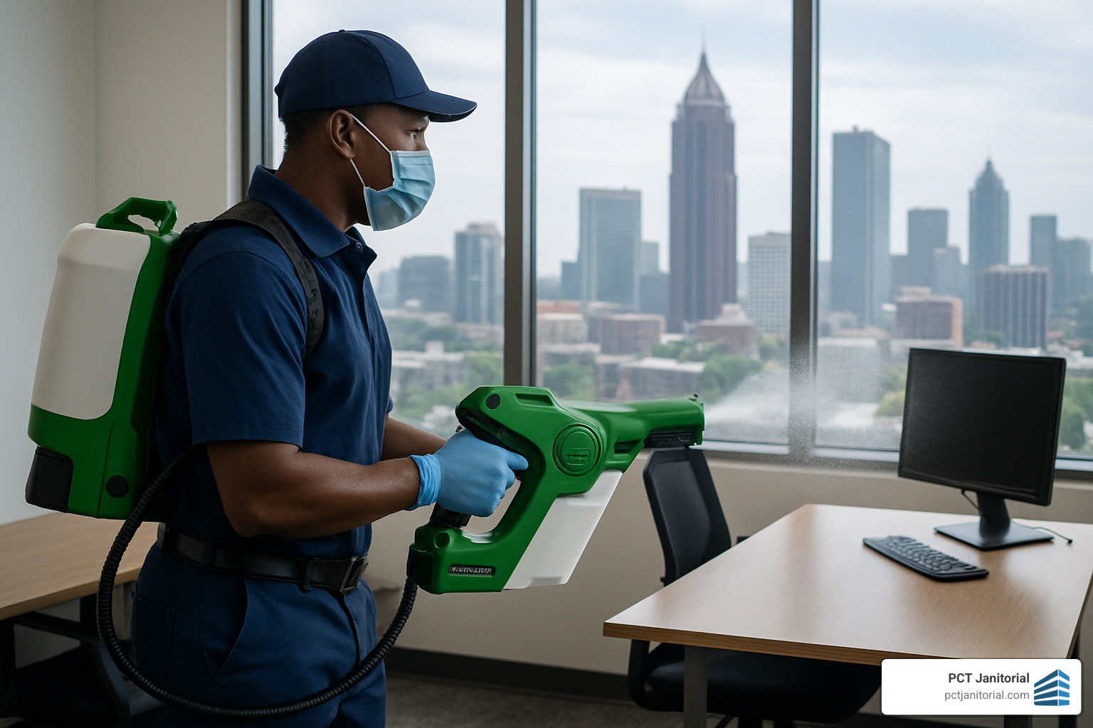 Professional technician using electrostatic sprayer in Atlanta office - office cleaning atlanta