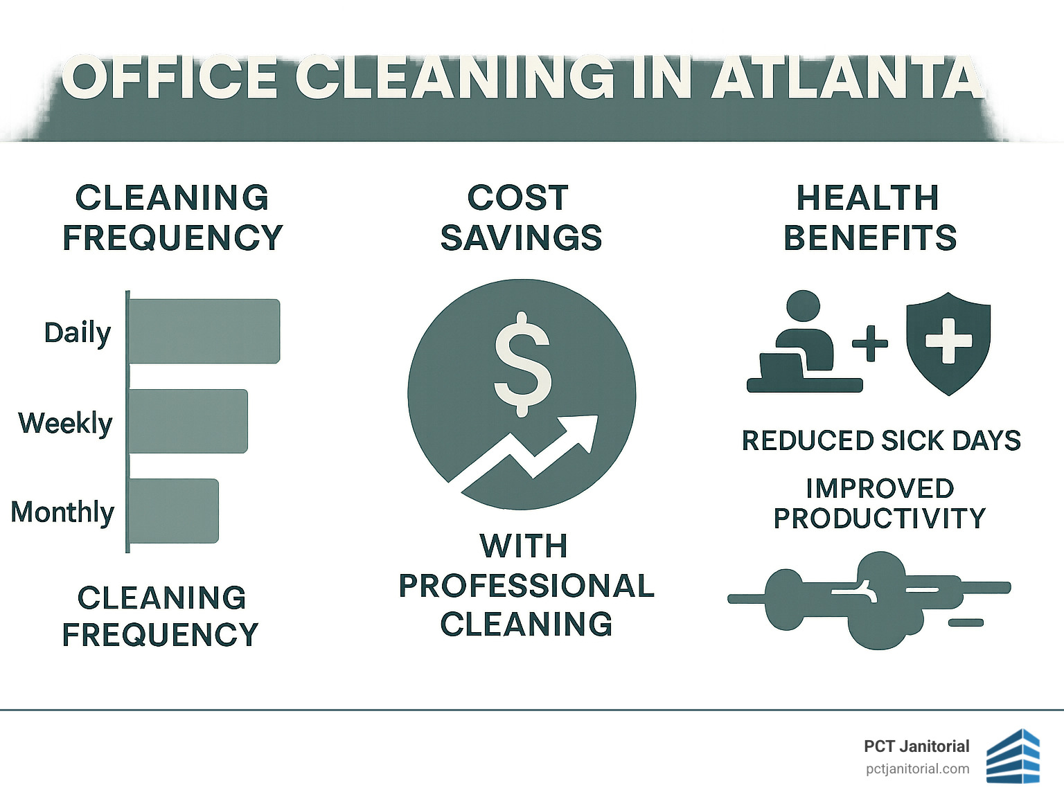 Statistical breakdown of cleaning frequency recommendations, cost savings from professional cleaning, and health benefits including reduced sick days and improved productivity for Atlanta office environments - office cleaning atlanta infographic 