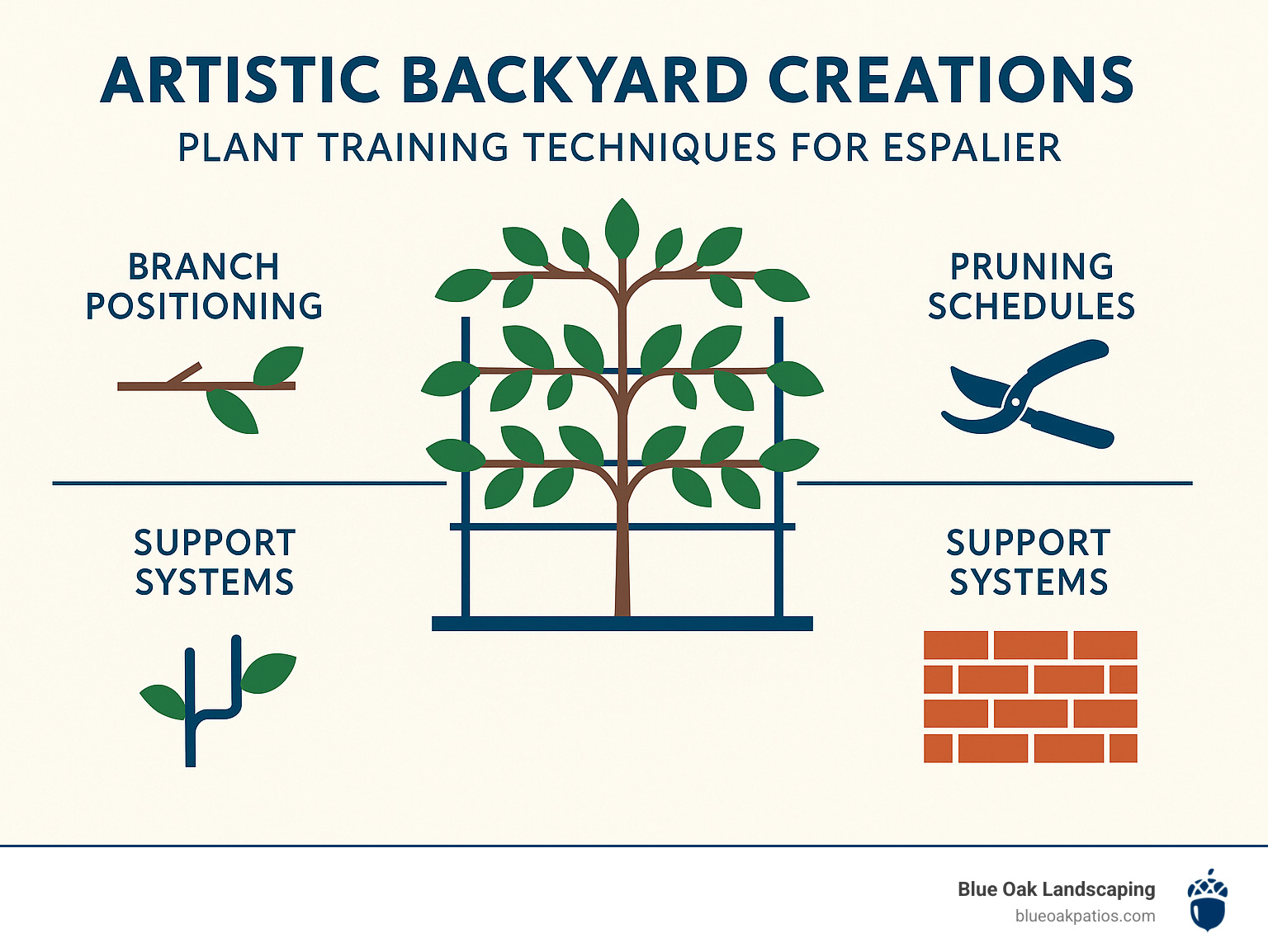 Infographic showing plant training techniques for espalier, including branch positioning, pruning schedules, and support systems for creating living walls - Artistic backyard creations infographic  Infographic showing plant training techniques for espalier, including branch positioning, pruning schedules, and support systems for creating living walls - Artistic backyard creations infographic