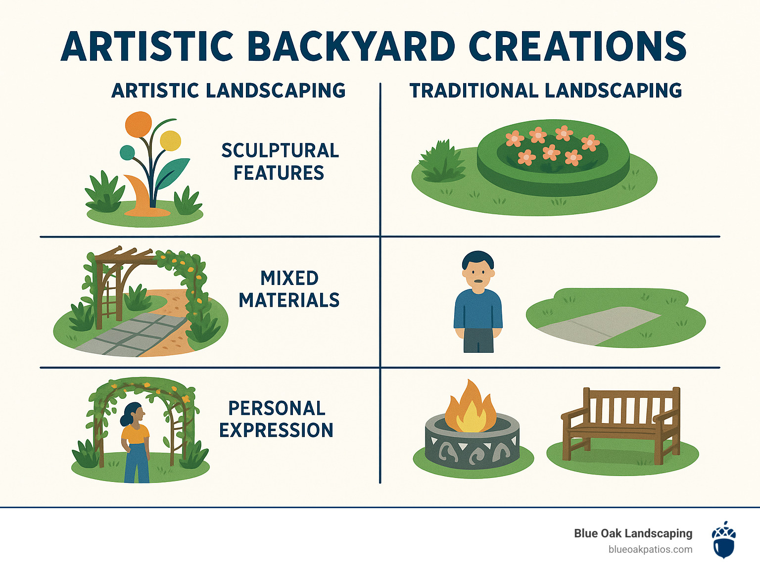 Infographic showing the differences between artistic and traditional landscaping approaches, highlighting creative elements like sculptural features, mixed materials, personal expression, and functional art versus standard lawn-and-flower bed designs - Artistic backyard creations infographic  Infographic showing the differences between artistic and traditional landscaping approaches, highlighting creative elements like sculptural features, mixed materials, personal expression, and functional art versus standard lawn-and-flower bed designs - Artistic backyard creations infographic