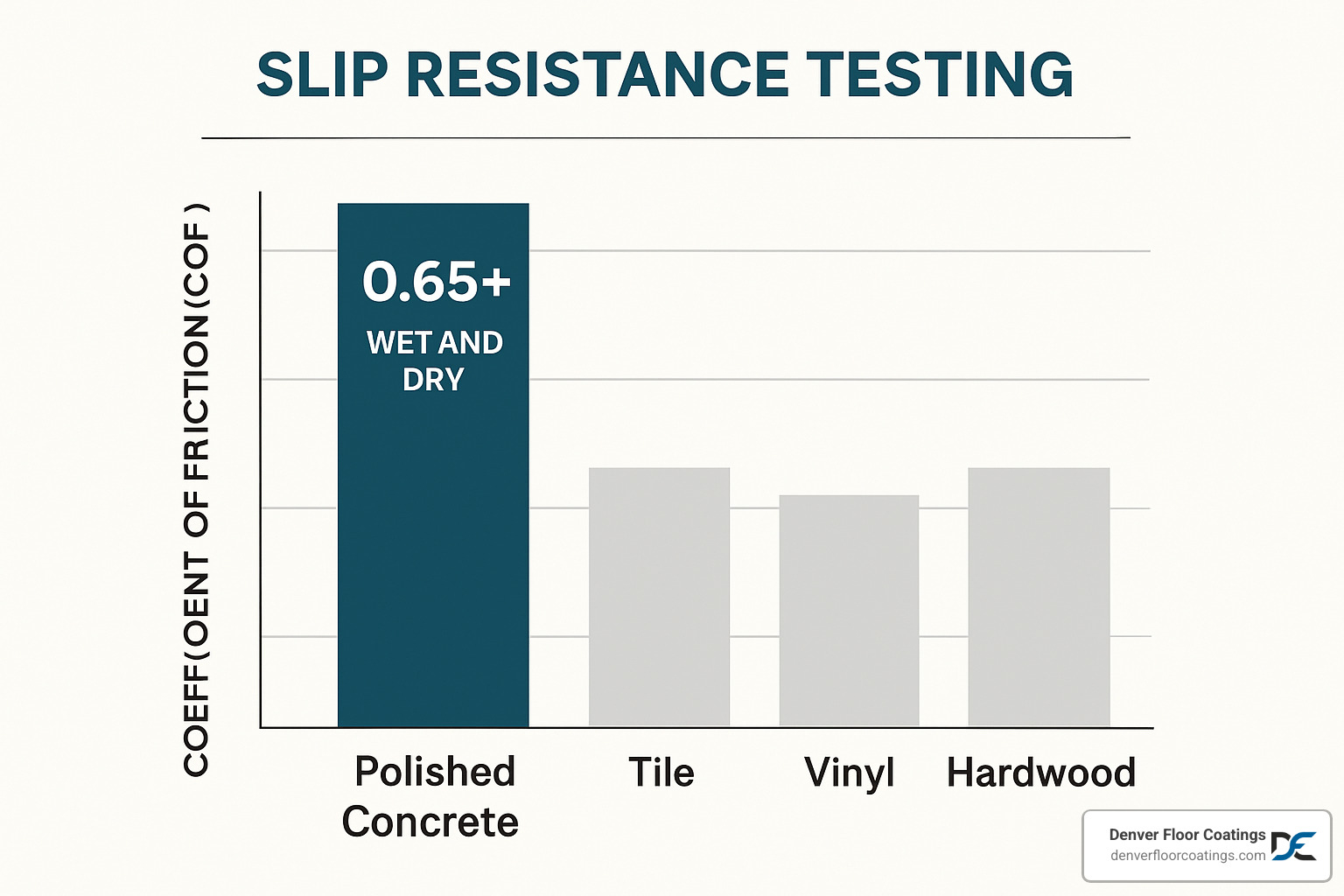 Slip resistance testing chart showing polished concrete achieving 0.65+ COF compared to other flooring materials - polished concrete