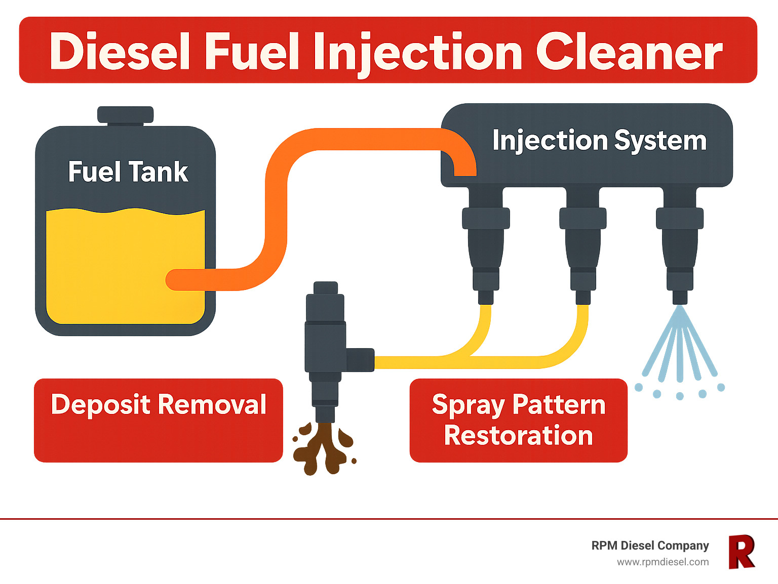 Infographic showing diesel fuel injection cleaner flow path from fuel tank through injection system, highlighting deposit removal at injector nozzles and spray pattern restoration - diesel fuel injection cleaner infographic 