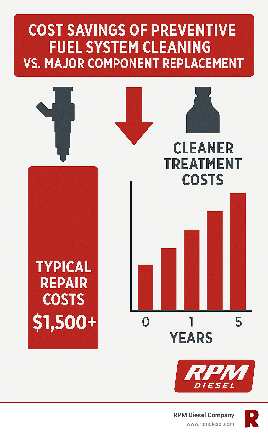 Statistical breakdown showing cost savings of preventive fuel system cleaning versus major component replacement, with data on typical repair costs and cleaner treatment costs over time - diesel fuel injection cleaner infographic 