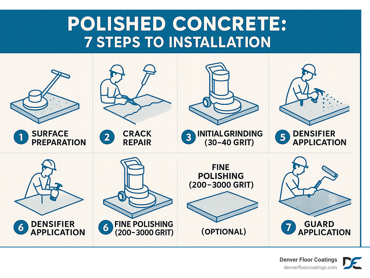 Infographic showing 7 detailed steps of polished concrete installation: surface preparation, crack repair, initial grinding (30-40 grit), progressive grinding (80-150 grit), densifier application, fine polishing (200-3000 grit), and optional guard application - polished concrete infographic 