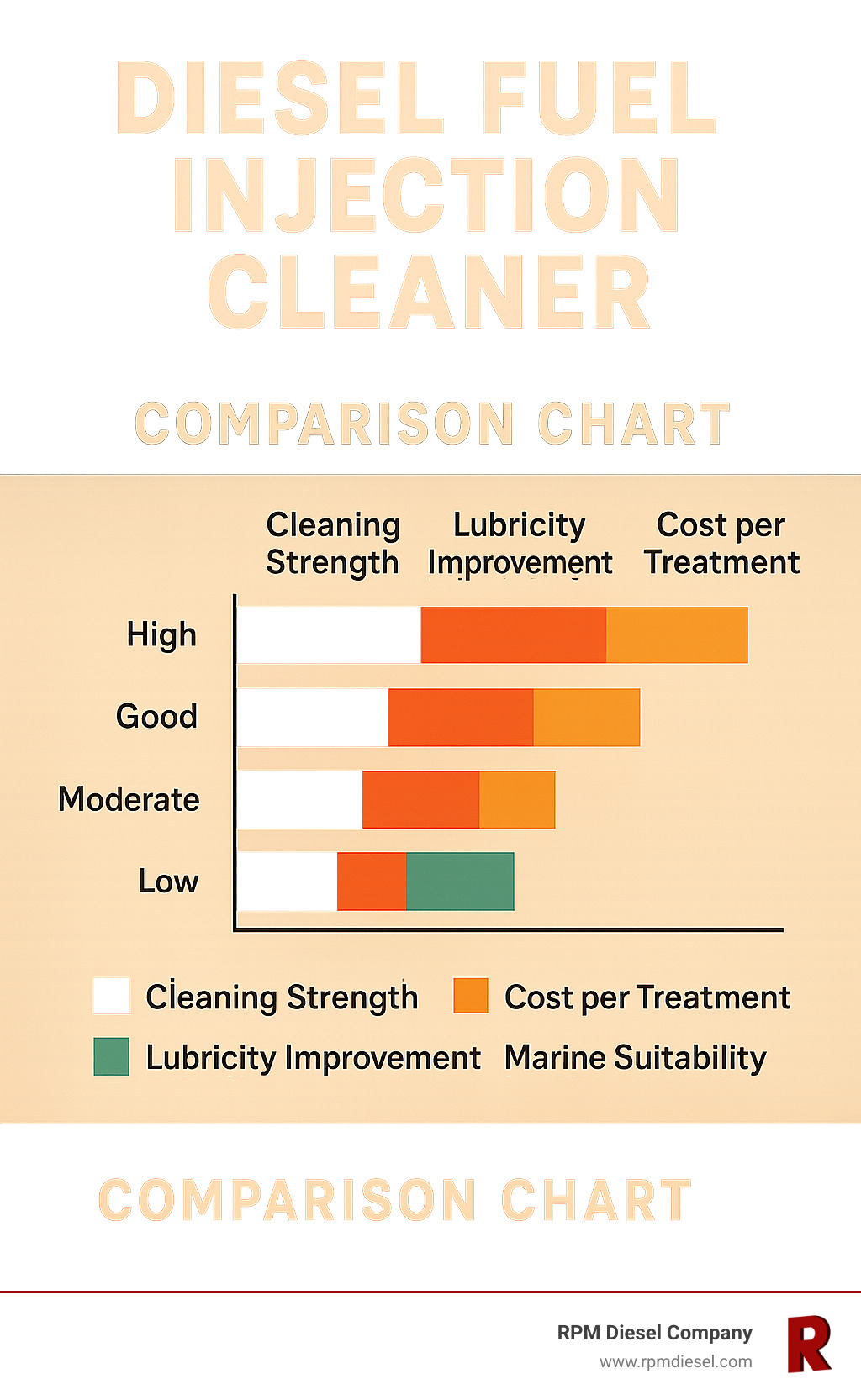 Comparison chart showing cleaning strength, lubricity improvement, cost per treatment, and marine suitability ratings for top diesel fuel injection cleaners - diesel fuel injection cleaner infographic 