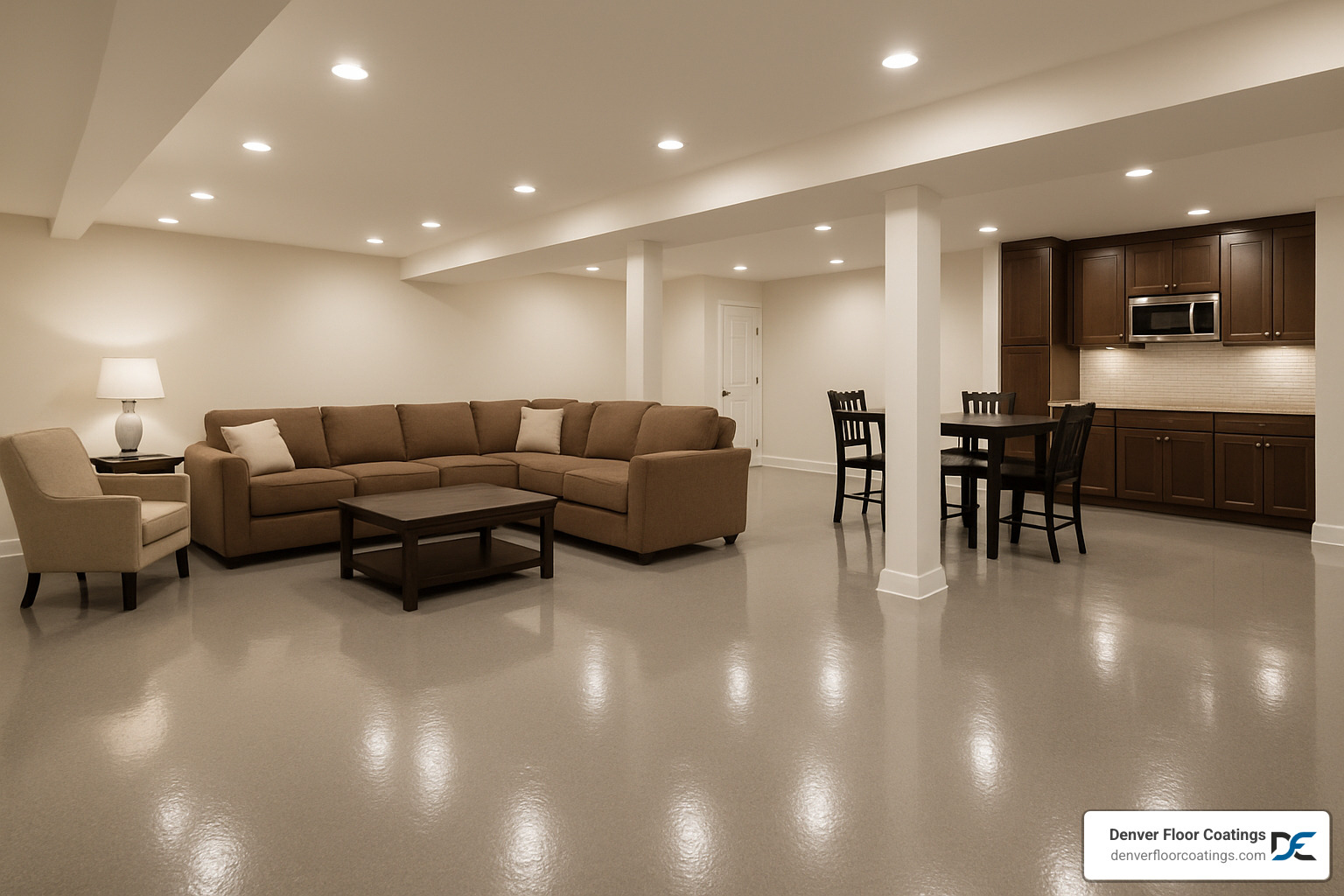finished basement with coated floor - best basement flooring options