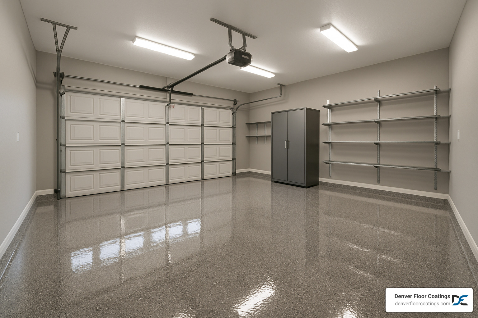 Finished two-car garage with glossy epoxy floor, decorative flakes, and professional appearance - epoxy garage flooring