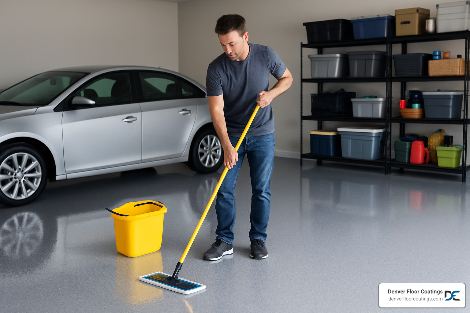 Homeowner performing routine maintenance on epoxy garage floor - epoxy garage flooring