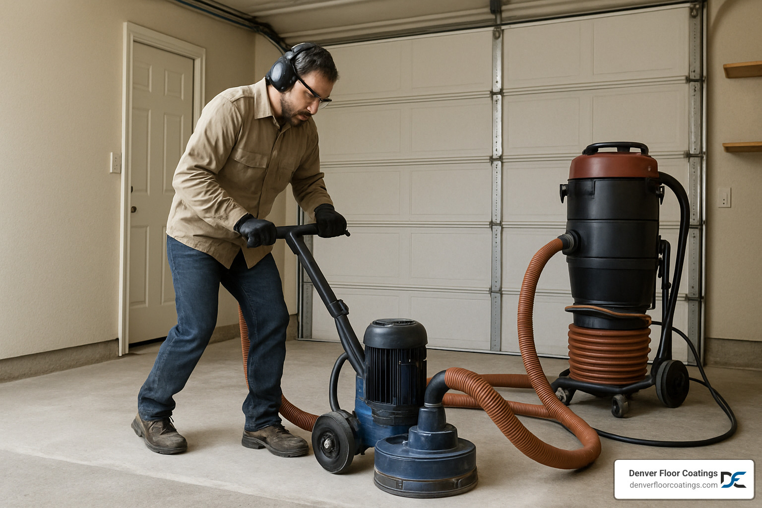 Professional floor grinder creating proper surface profile on concrete - Garage floor waterproofing
