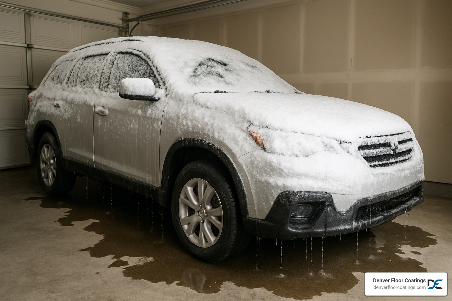 Snow-covered vehicle dripping water onto bare concrete garage floor - Garage floor waterproofing