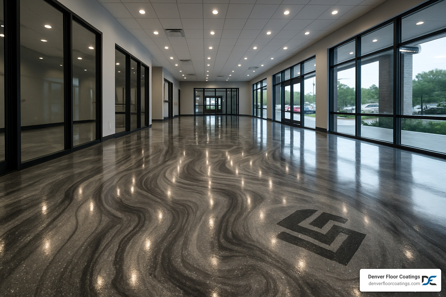 metallic swirl showroom floor with decorative elements - commercial concrete coatings