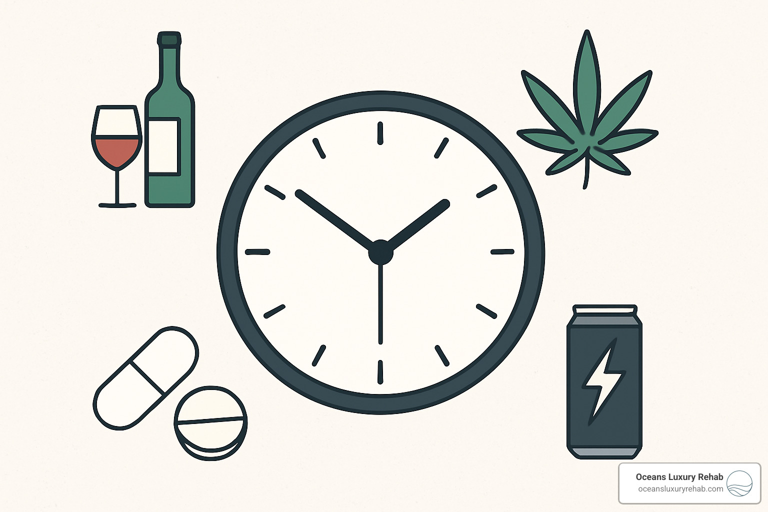 clock and various substance icons representing different detox timelines - How long is detox?