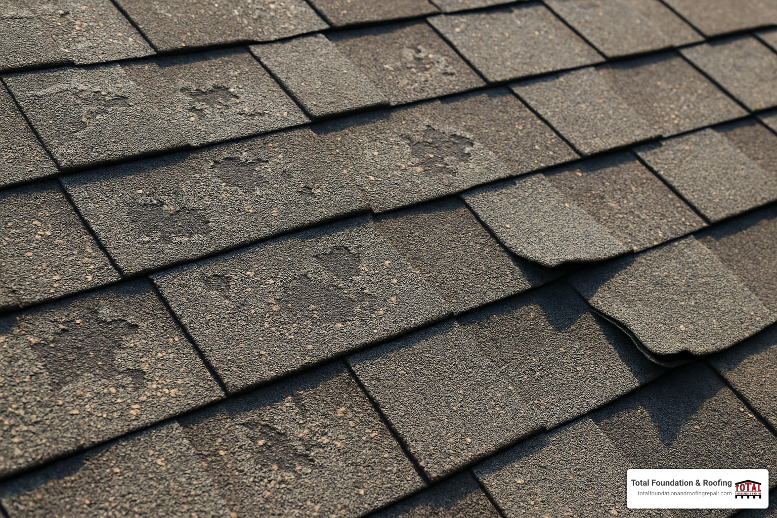 damaged roof shingles with missing granules and curling edges - roof repair Kerrville