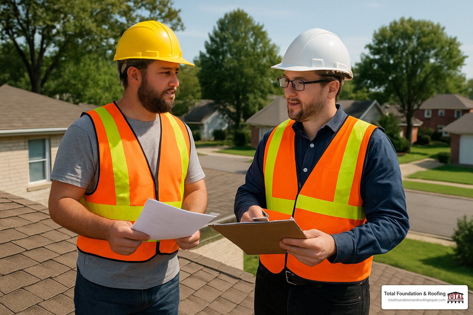 homeowner meeting with insurance adjuster on roof - roof repair Kerrville