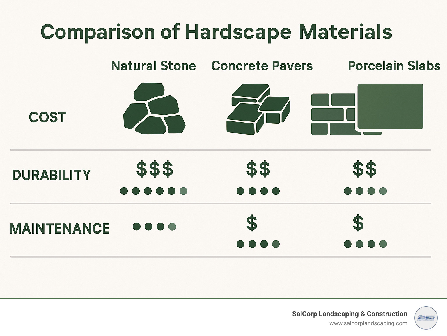 Comparison chart showing cost, durability, and maintenance requirements for different hardscape materials including natural stone, concrete pavers, brick, and porcelain slabs - hardscape backyard infographic 