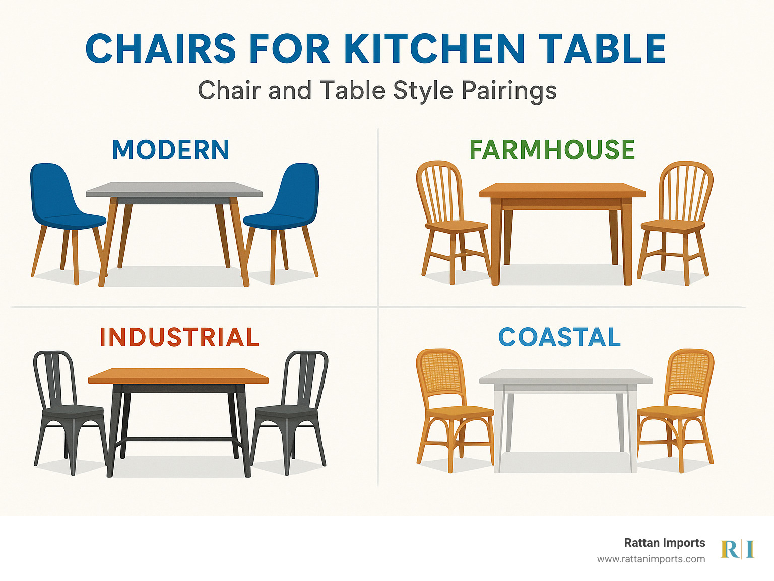 Infographic showing chair and table style pairings: Modern tables with sleek chairs, Farmhouse tables with Windsor chairs, Industrial tables with metal chairs, Coastal tables with rattan chairs - chairs for kitchen table infographic 