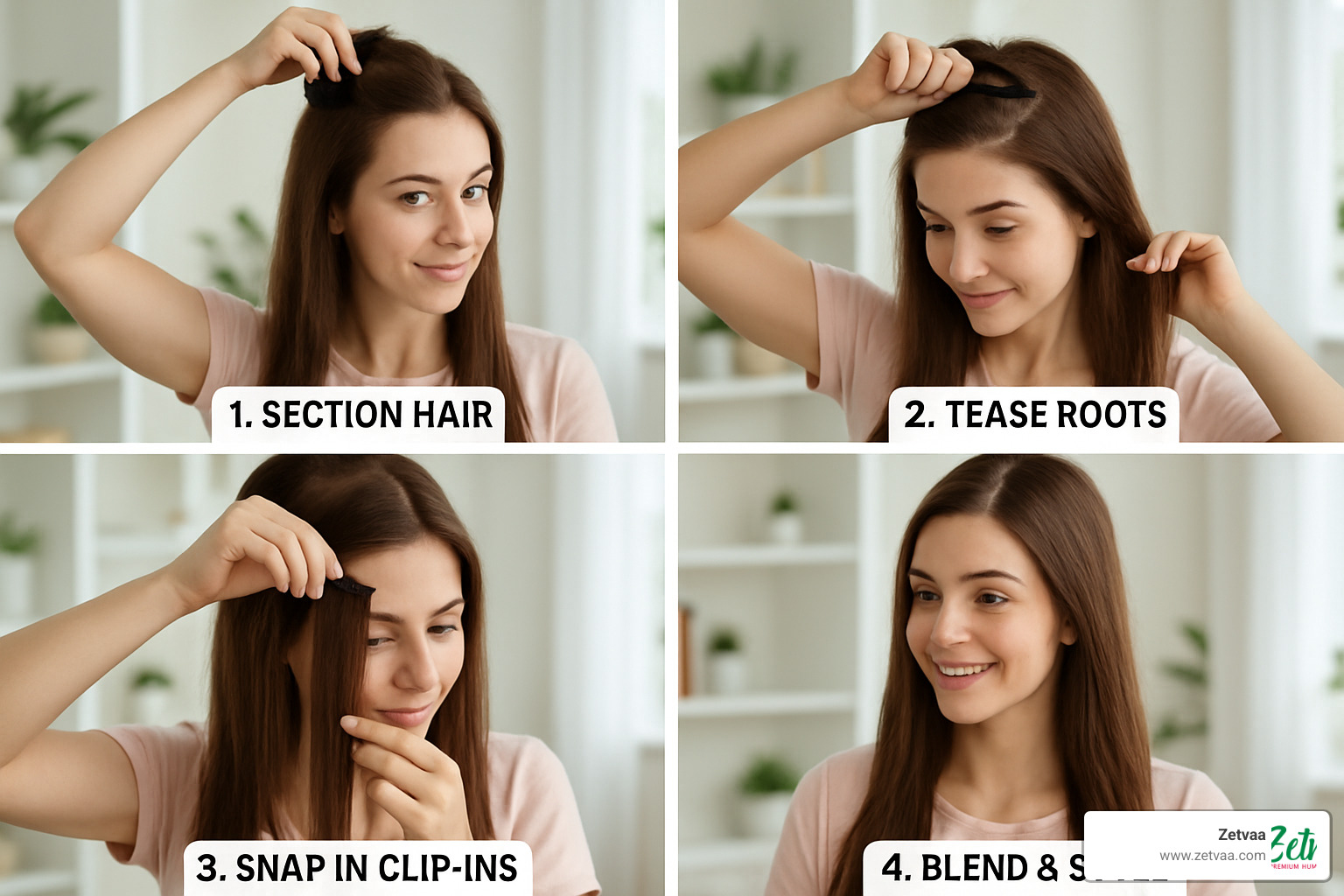 clip-in hair extension tutorial showing step-by-step application process - Affordable Premium Hair