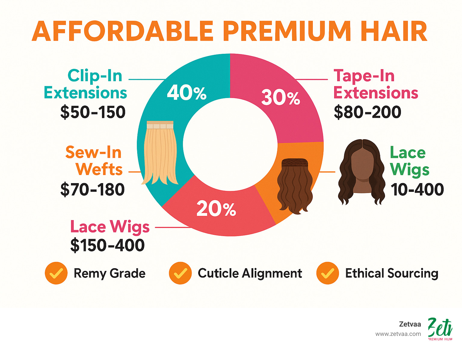 Infographic showing the breakdown of affordable premium hair market segments: clip-in extensions 40% market share at $50-150 price range, tape-in extensions 30% at $80-200, sew-in wefts 20% at $70-180, and lace wigs 10% at $150-400, with quality indicators including Remy grade, cuticle alignment, and ethical sourcing displayed for each category - Affordable Premium Hair infographic 