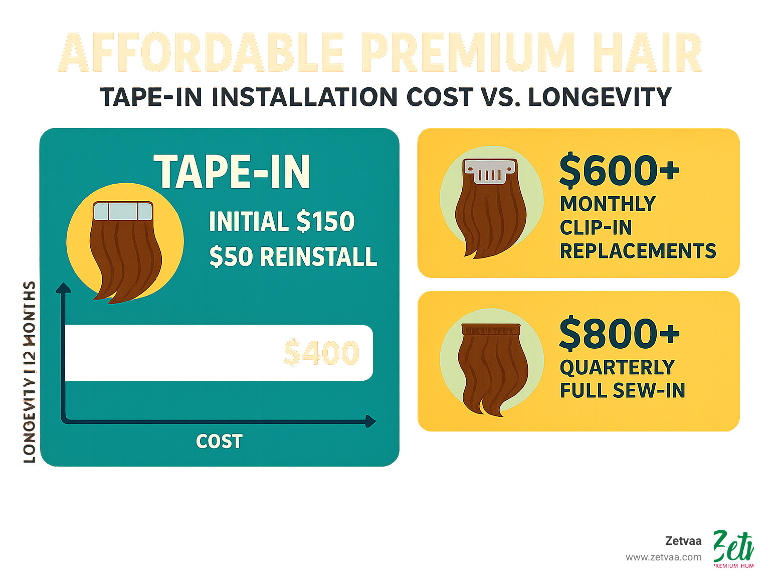 Infographic comparing tape-in extension installation costs versus longevity over 12 months, showing initial $150 investment plus $50 reinstalls every 6-8 weeks totaling $400 annually, compared to $600+ for monthly clip-in replacements or $800+ for quarterly full sew-in services - Affordable Premium Hair infographic 