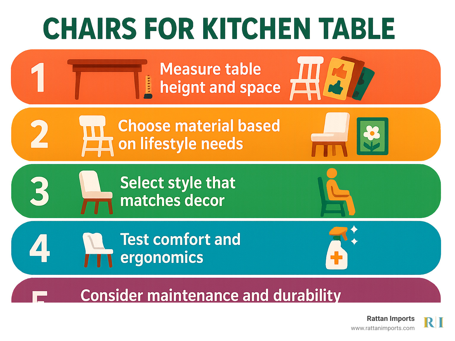 Infographic showing 5-step kitchen chair buying process: 1. Measure table height and space, 2. Choose material based on lifestyle needs, 3. Select style that matches decor, 4. Test comfort and ergonomics, 5. Consider maintenance and durability - chairs for kitchen table infographic 