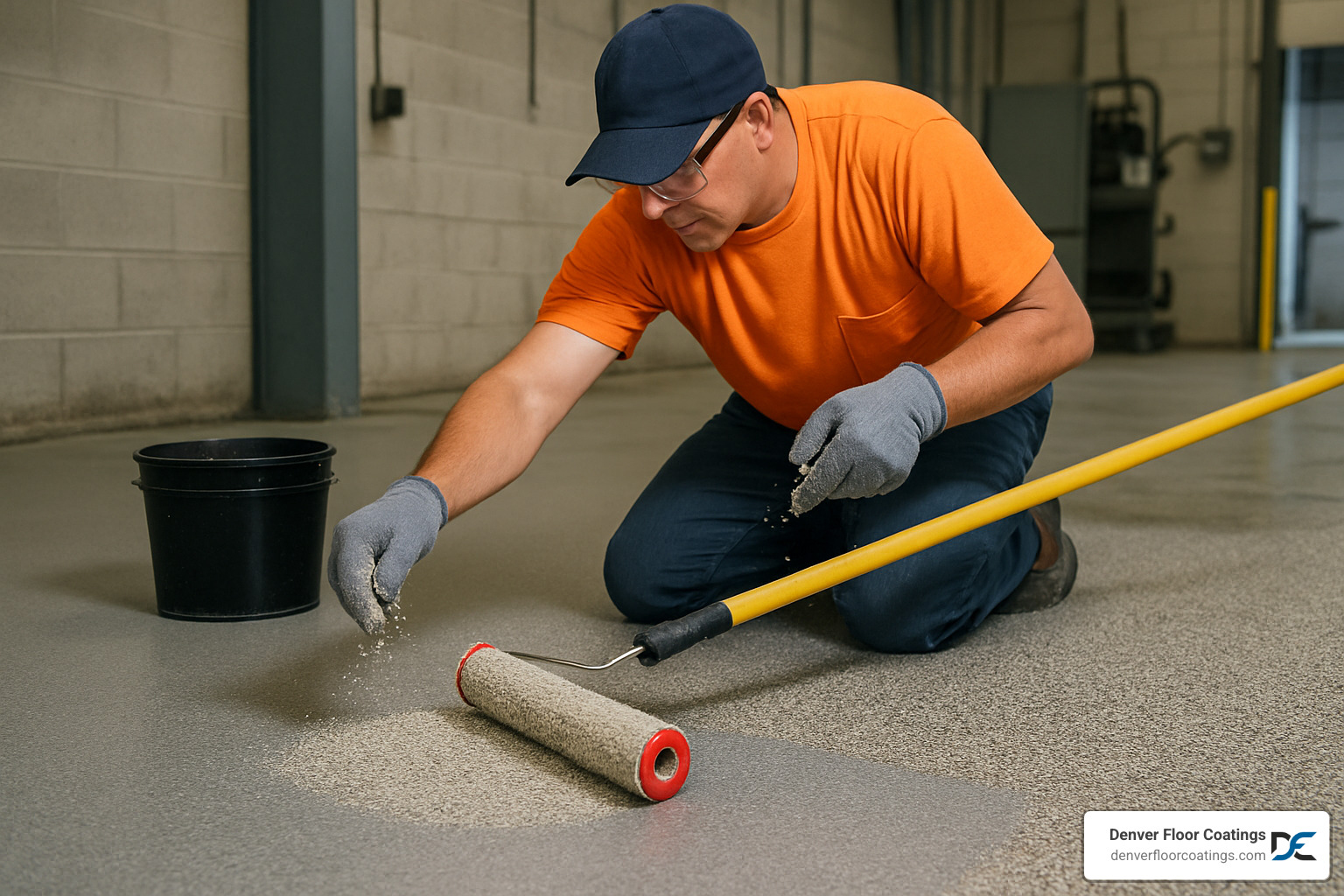 Worker applying non-slip epoxy coating with broadcast aggregates - non slip epoxy flooring Worker applying non-slip epoxy coating with broadcast aggregates - non slip epoxy flooring