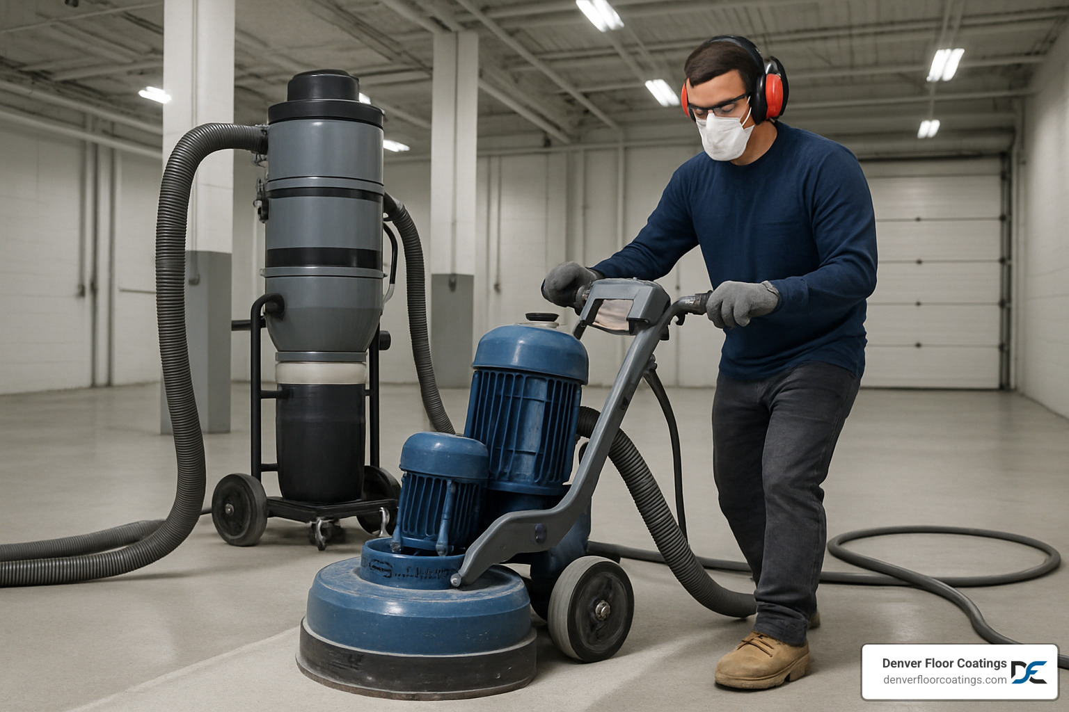 Diamond grinding equipment preparing concrete surface with dust collection system and proper safety equipment - industrial floor coatings Diamond grinding equipment preparing concrete surface with dust collection system and proper safety equipment - industrial floor coatings