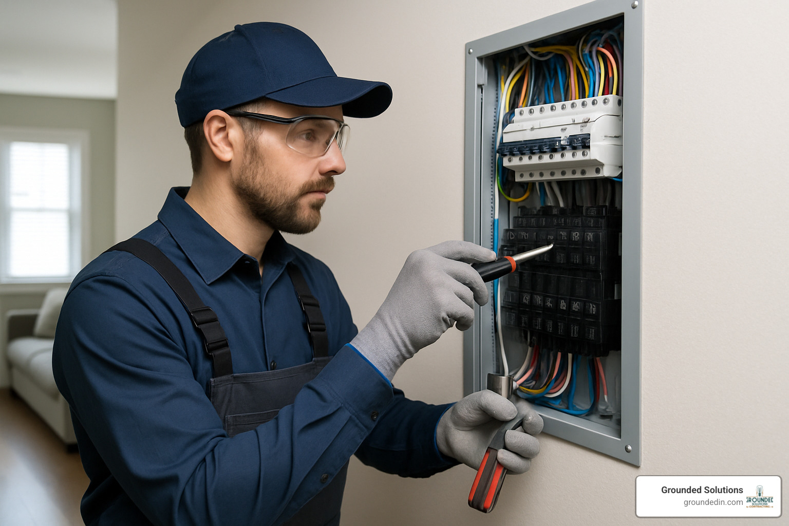 Professional electrician in clean uniform working on electrical panel with proper safety equipment and organized tools - electricians noblesville
