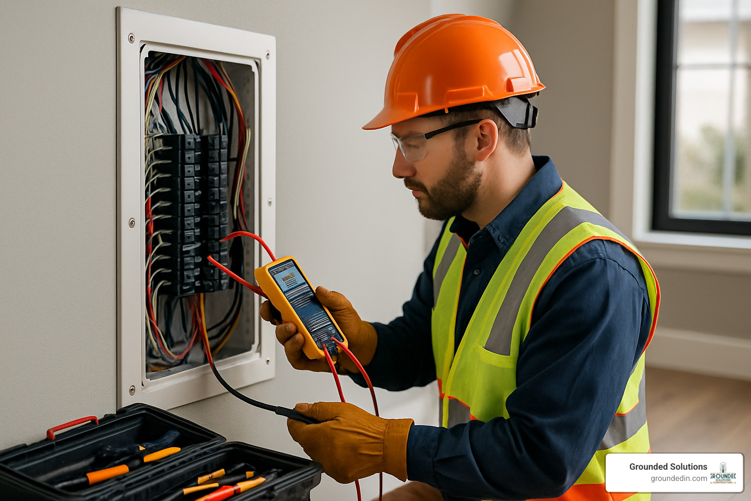 Professional electrician using digital multimeter to test electrical panel with safety equipment and organized toolbox nearby - electricians noblesville