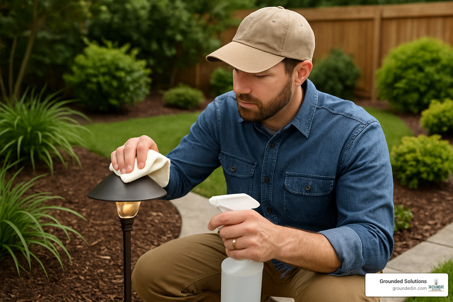 Homeowner cleaning outdoor light fixture lens with proper maintenance techniques - low voltage outdoor lighting