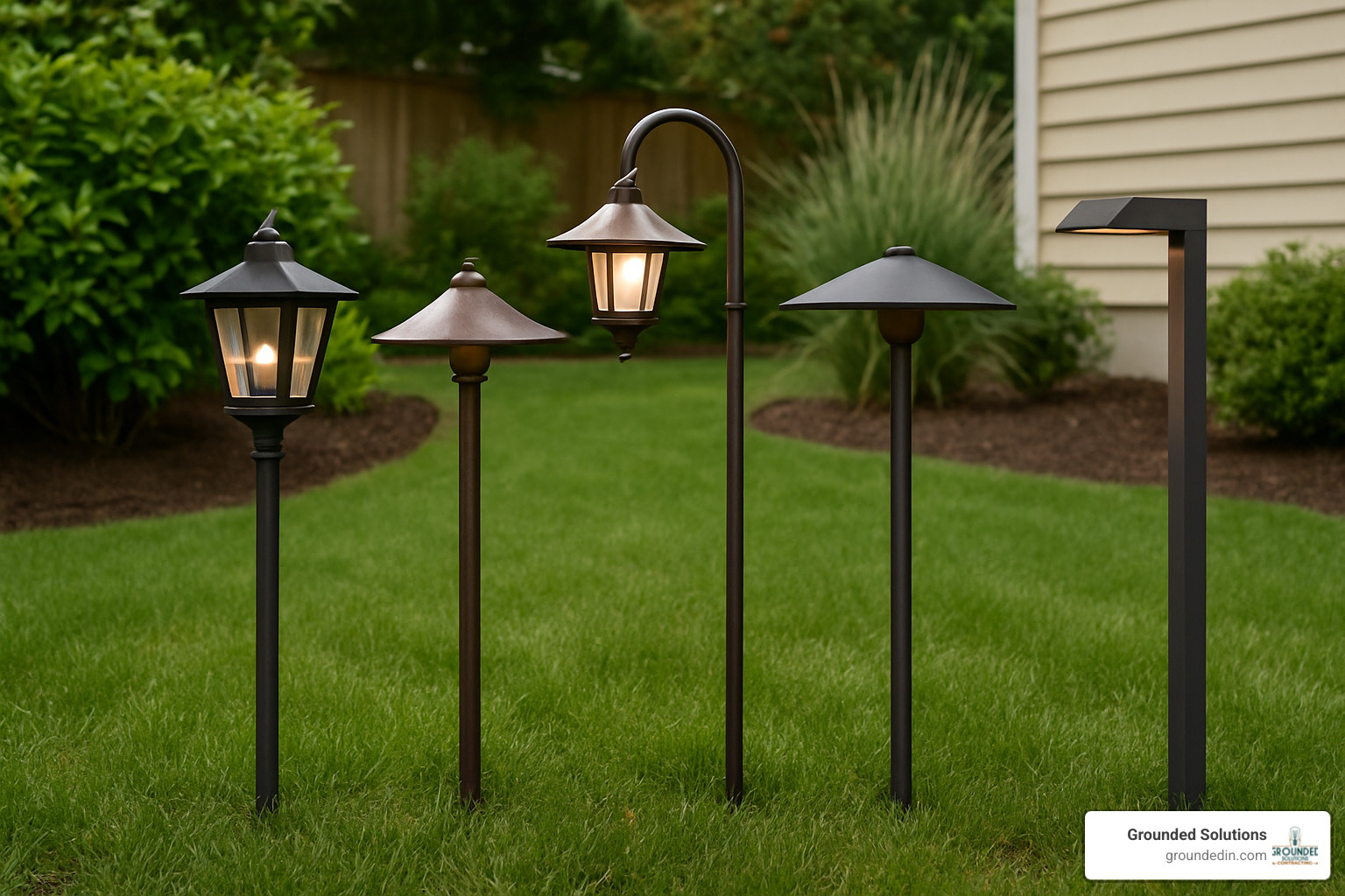 Popular path light fixtures lineup showing various styles from traditional to modern designs - low voltage outdoor lighting