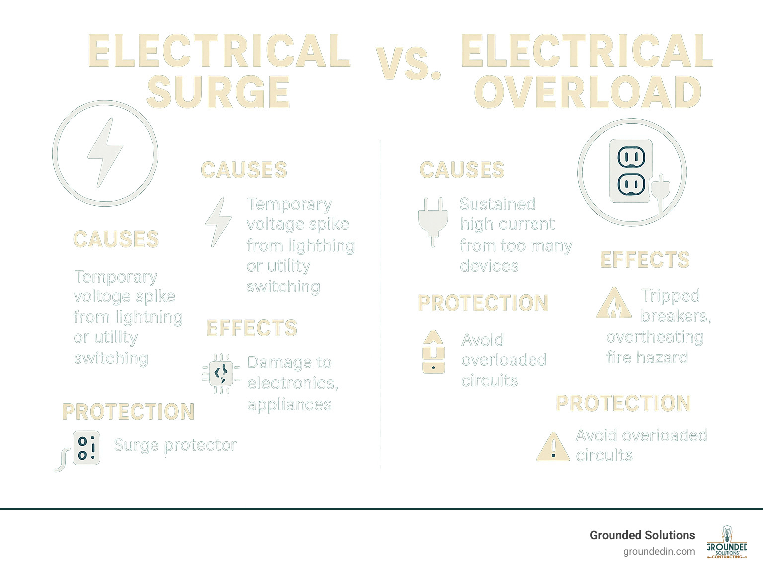 Detailed infographic comparing electrical surges (temporary voltage spikes from lightning or utility switching) versus electrical overloads (sustained high current from too many devices), showing causes, effects, and protection methods for each type of electrical problem - electricians noblesville infographic 