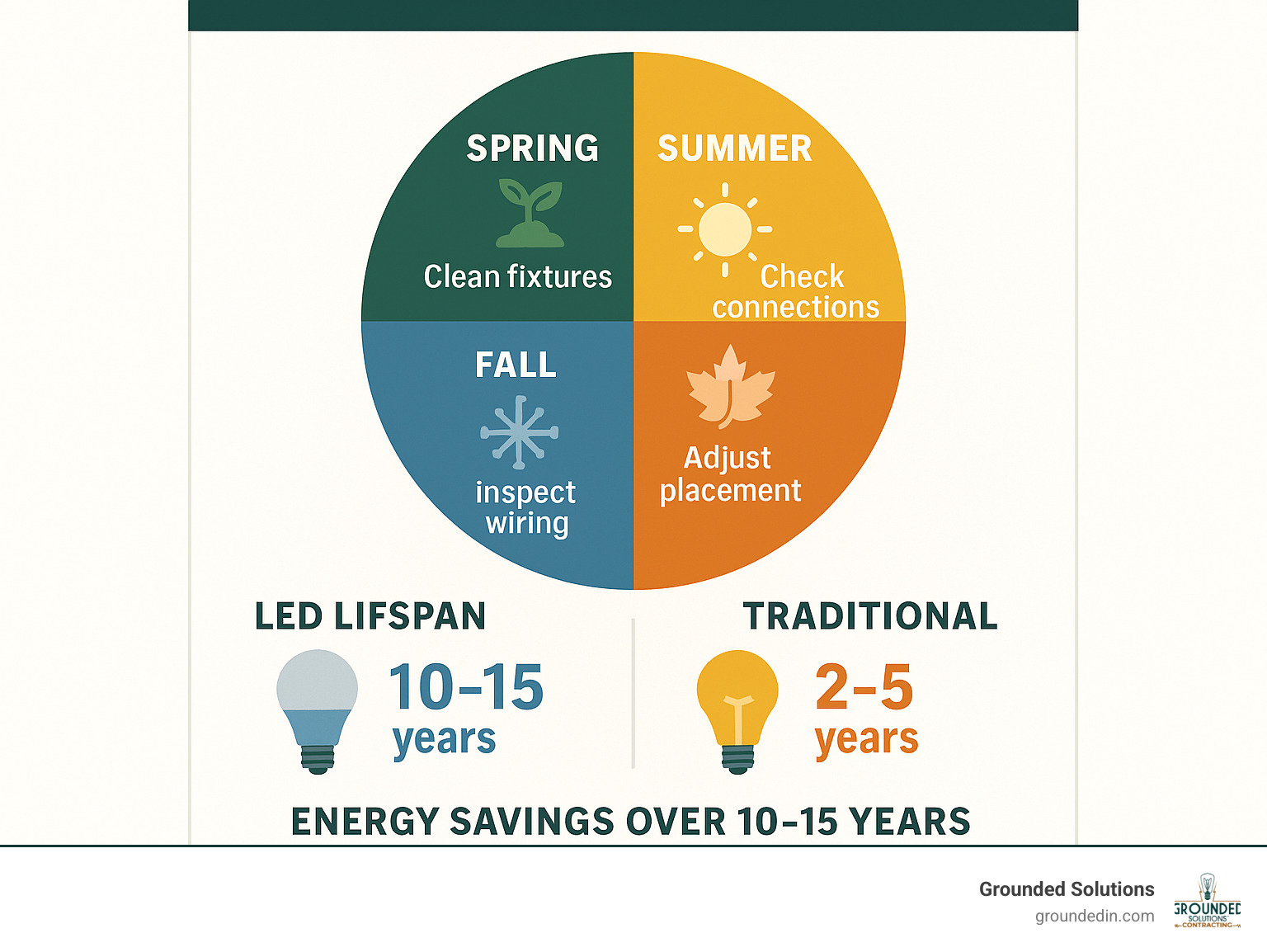 Infographic showing maintenance schedule for low voltage outdoor lighting with seasonal tasks, LED lifespan comparison, and energy savings statistics over 10-15 year period - low voltage outdoor lighting infographic 
