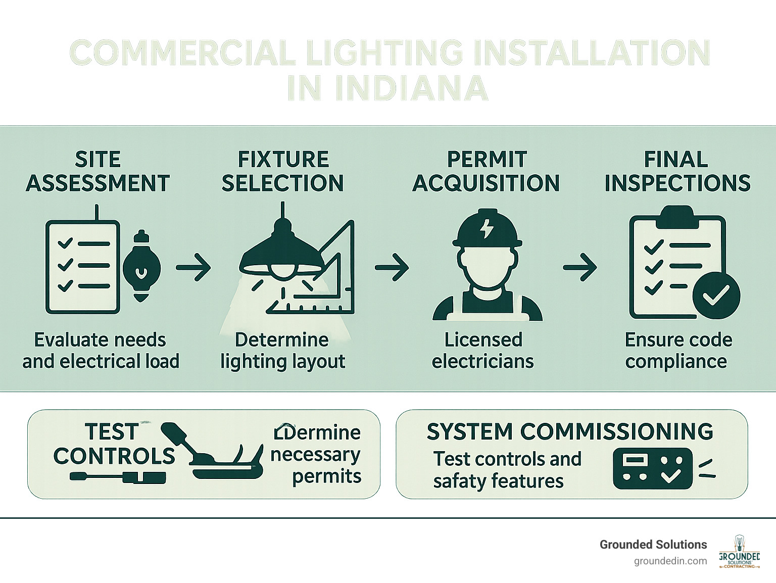 Infographic showing the complete commercial lighting installation process in Indiana, from initial site assessment and load calculations through fixture selection, permit acquisition, professional installation by licensed electricians, final inspections, and system commissioning with testing of all controls and safety features - Commercial lighting installation infographic 