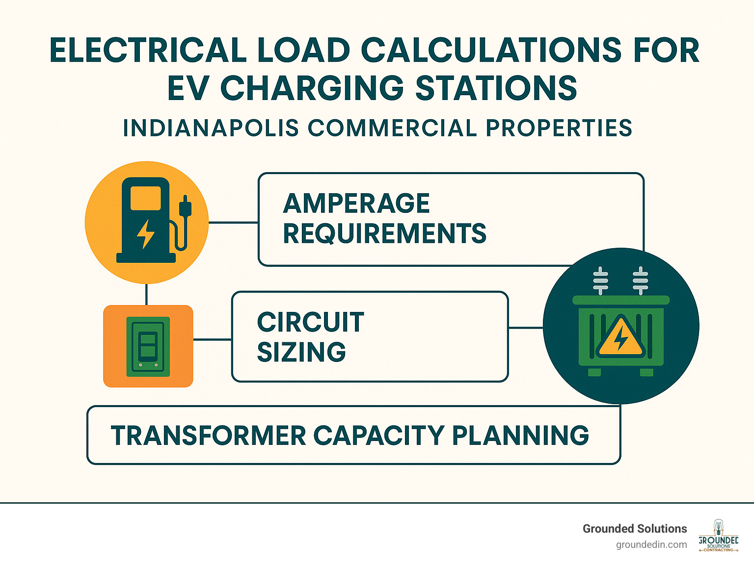 Infographic showing electrical load calculations for EV charging stations including amperage requirements, circuit sizing, and transformer capacity planning for Indianapolis commercial properties - EV charging station contractors infographic 
