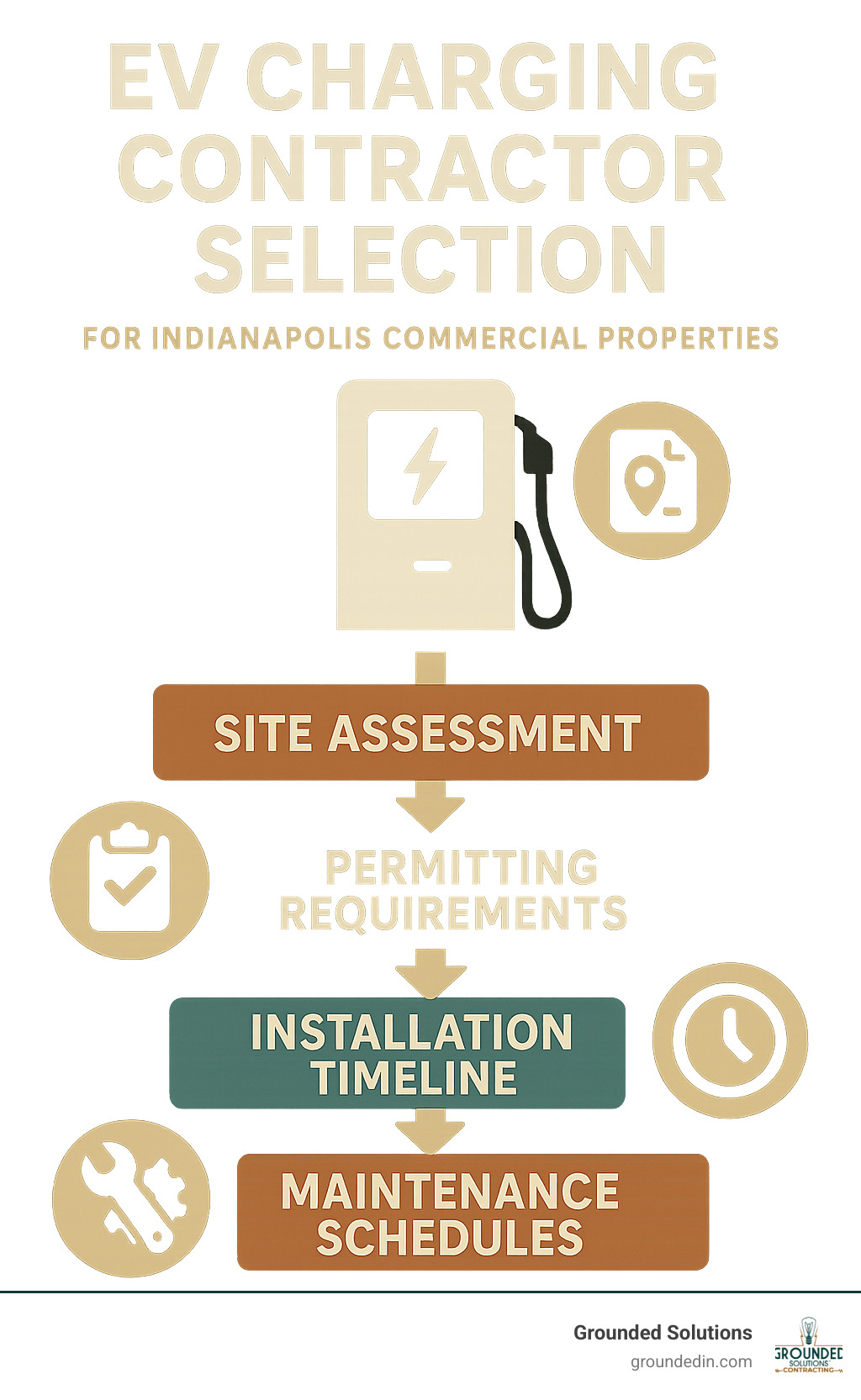 Infographic showing EV charging contractor selection process including site assessment, permitting requirements, installation timeline, and maintenance schedules for Indianapolis commercial properties - EV charging station contractors infographic 