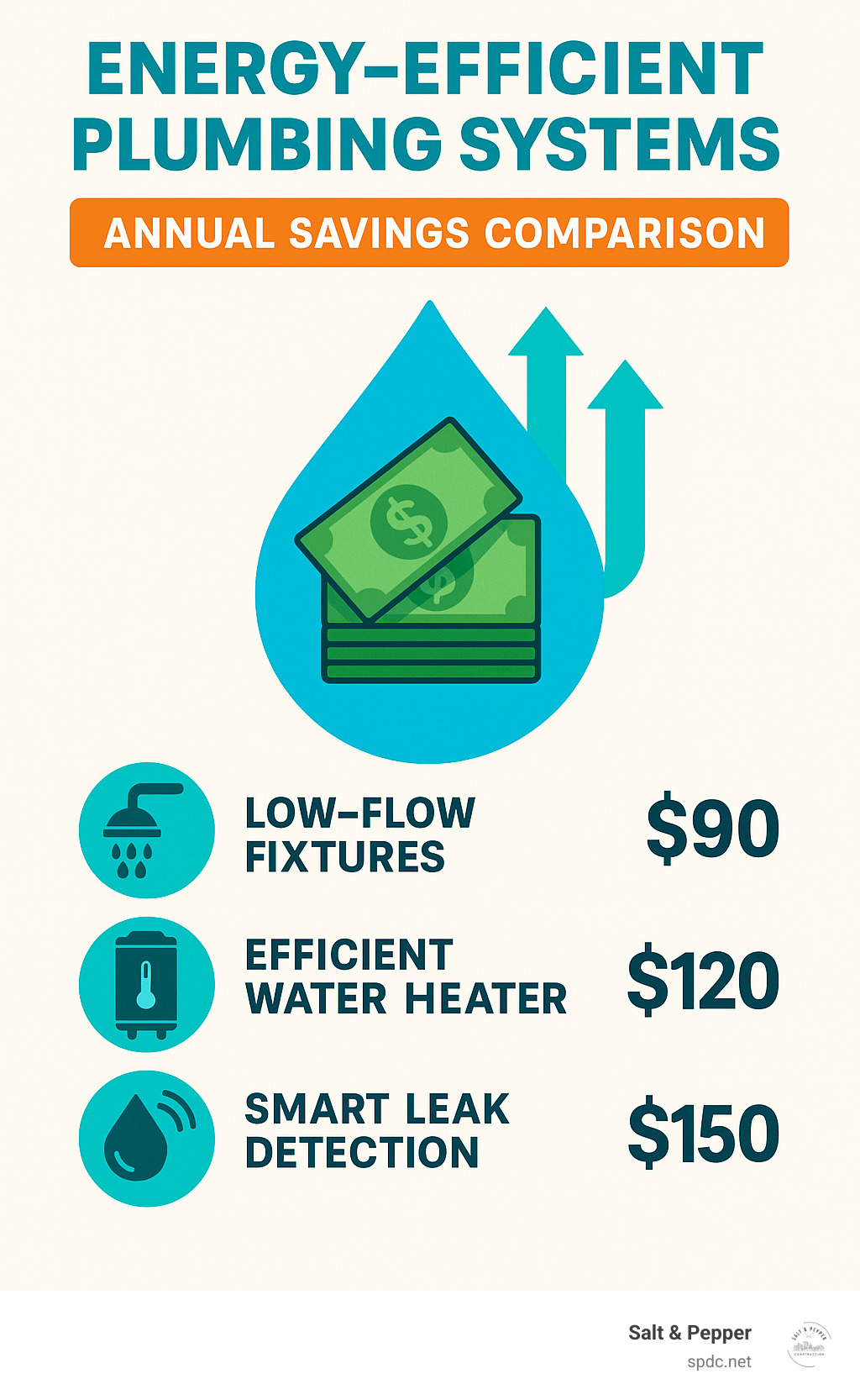 Annual savings comparison showing potential cost reductions from various energy efficient plumbing upgrades including low-flow fixtures, efficient water heaters, and smart leak detection systems - energy efficient plumbing systems infographic 