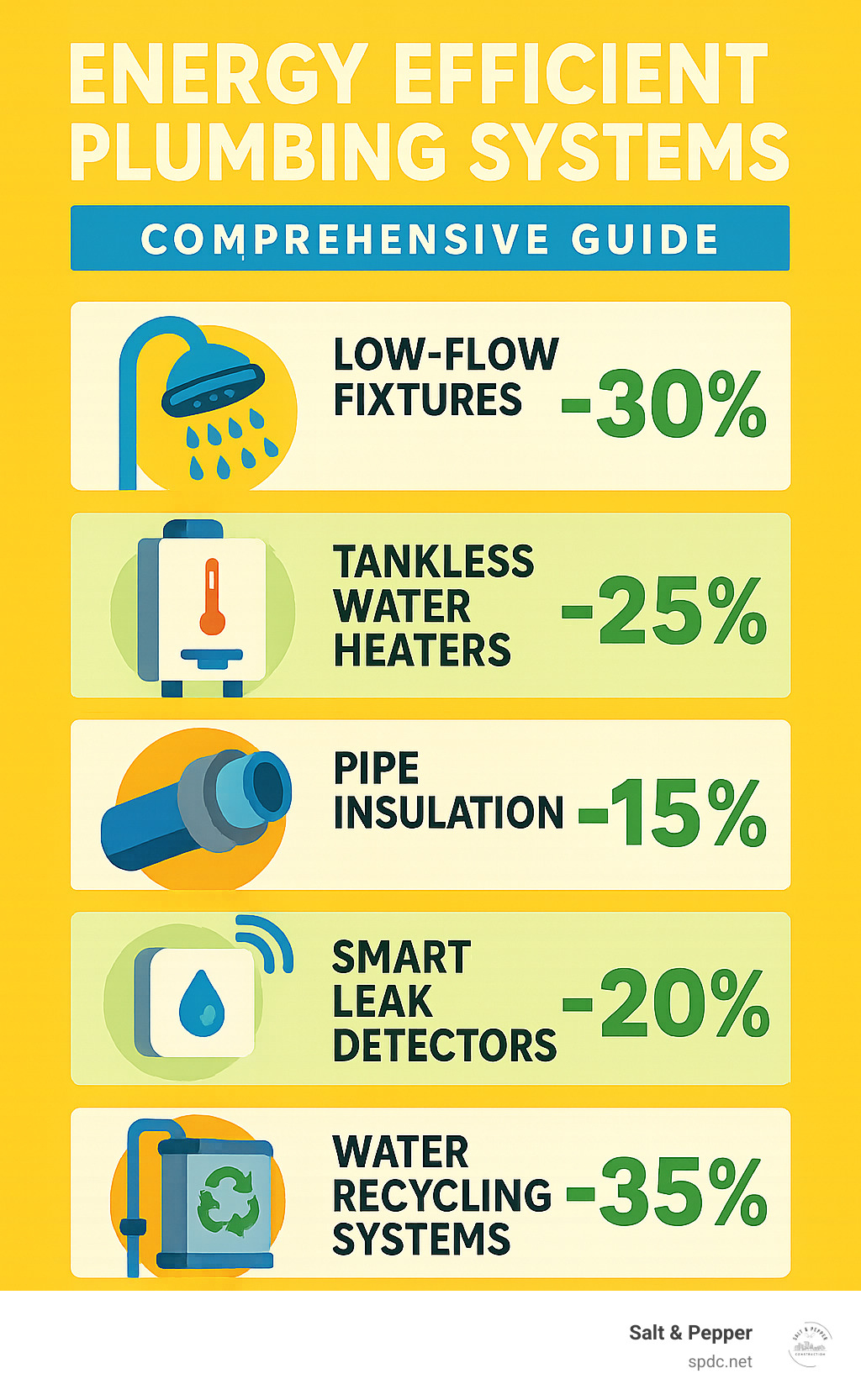 Comprehensive guide showing energy efficient plumbing system components including low-flow fixtures, tankless water heaters, pipe insulation, smart leak detectors, and water recycling systems with potential savings percentages - energy efficient plumbing systems infographic 