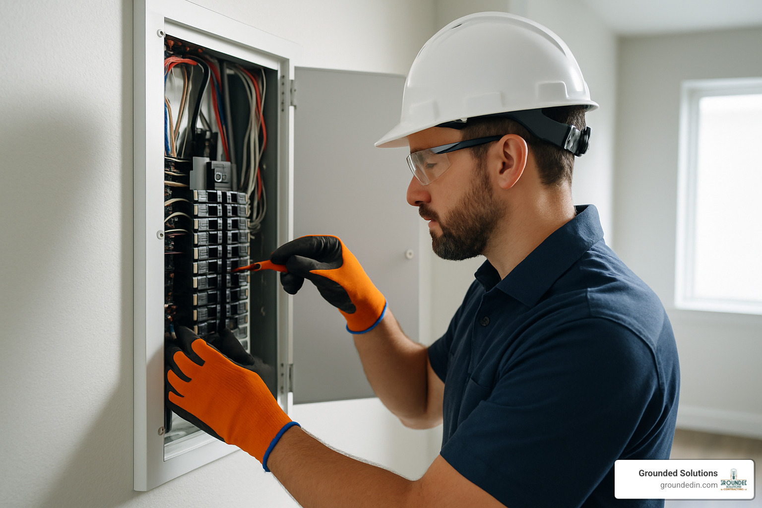 professional electrician working on electrical panel with proper safety equipment - bonded electrician near me