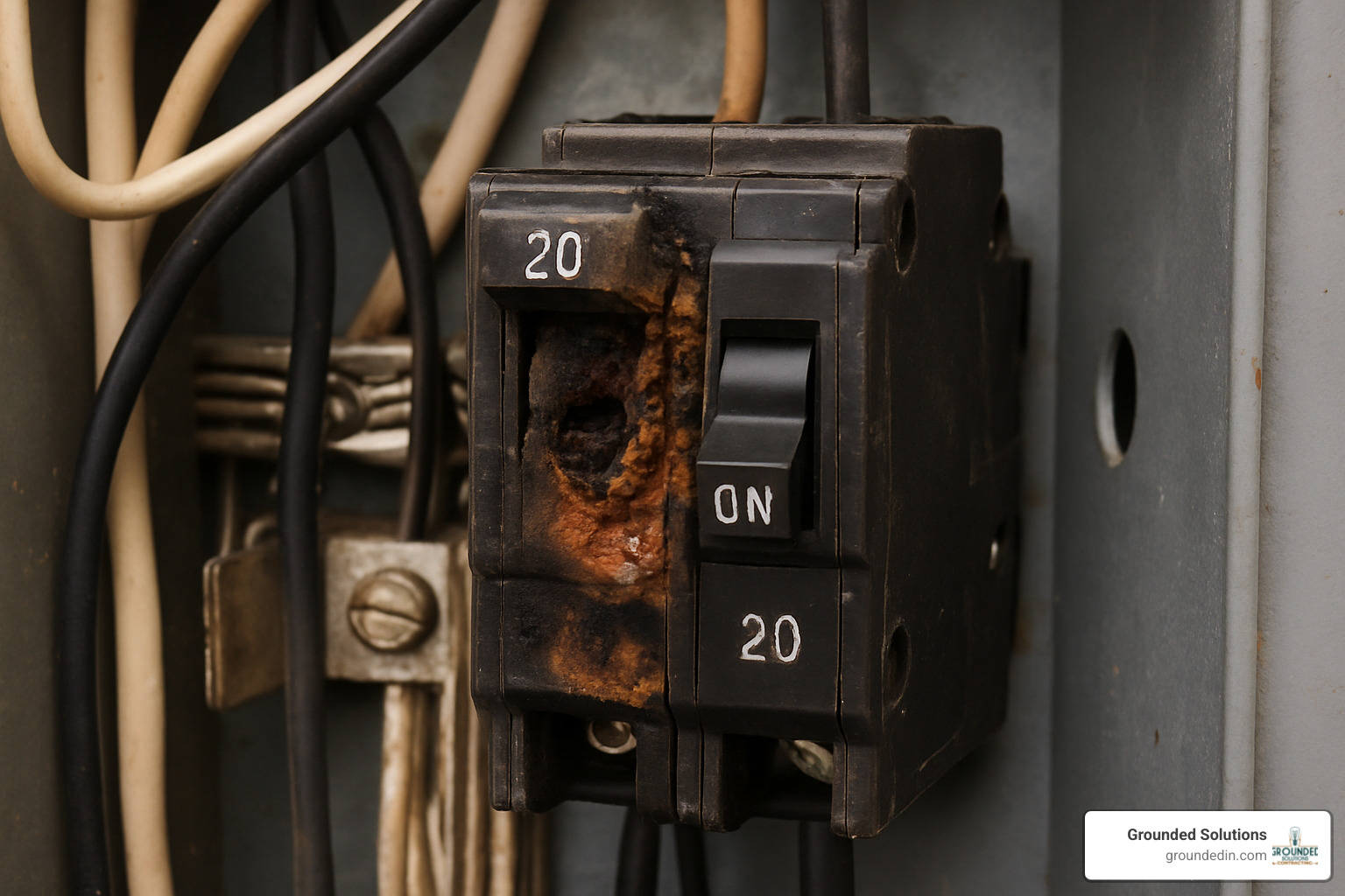 electrical circuit breaker showing signs of overheating and damage - bonded electrician near me