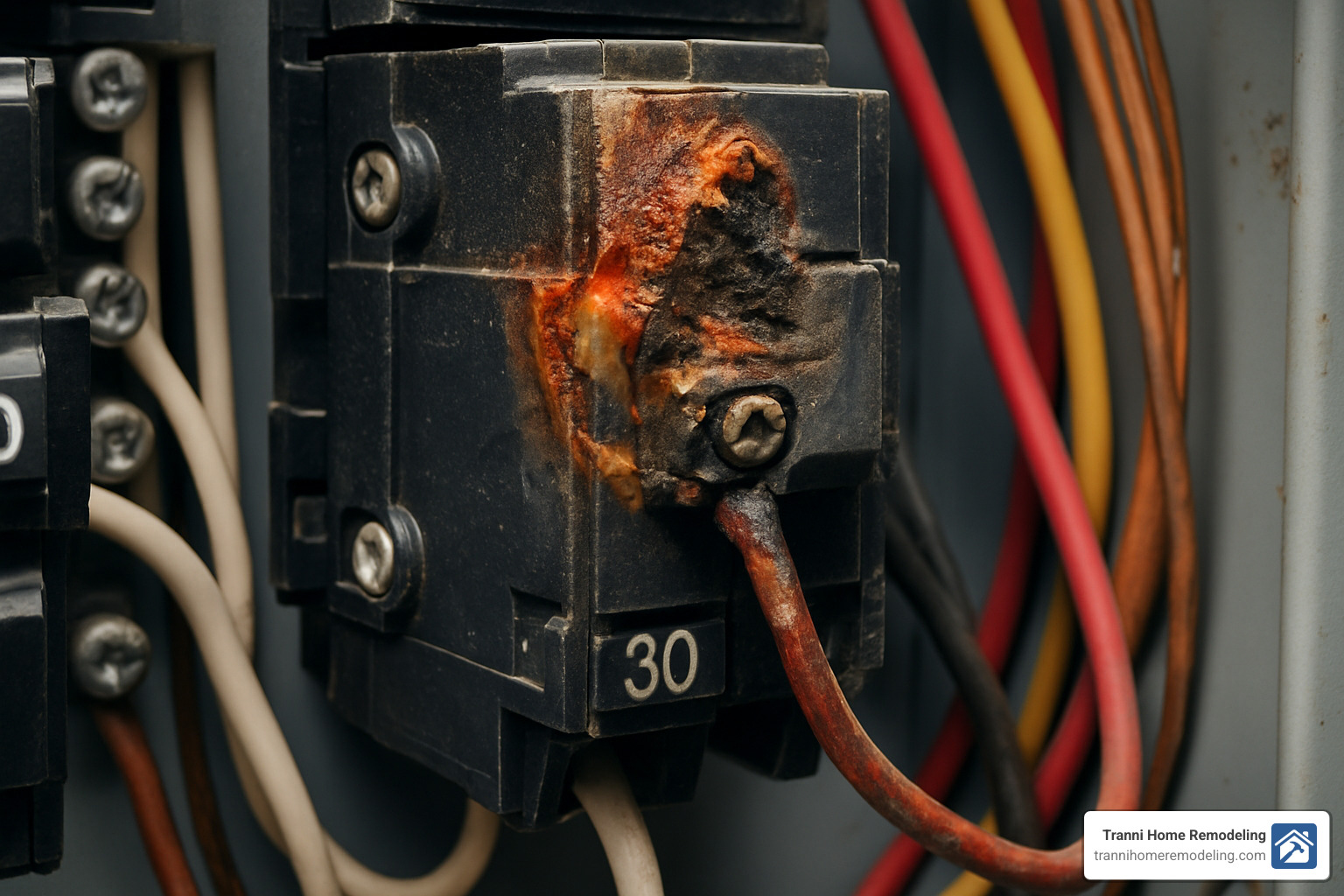 scorched electrical breaker showing heat damage - Home wiring inspection