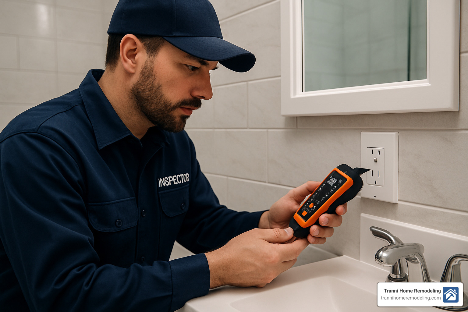 electrical inspector testing GFCI outlet in bathroom - Home wiring inspection