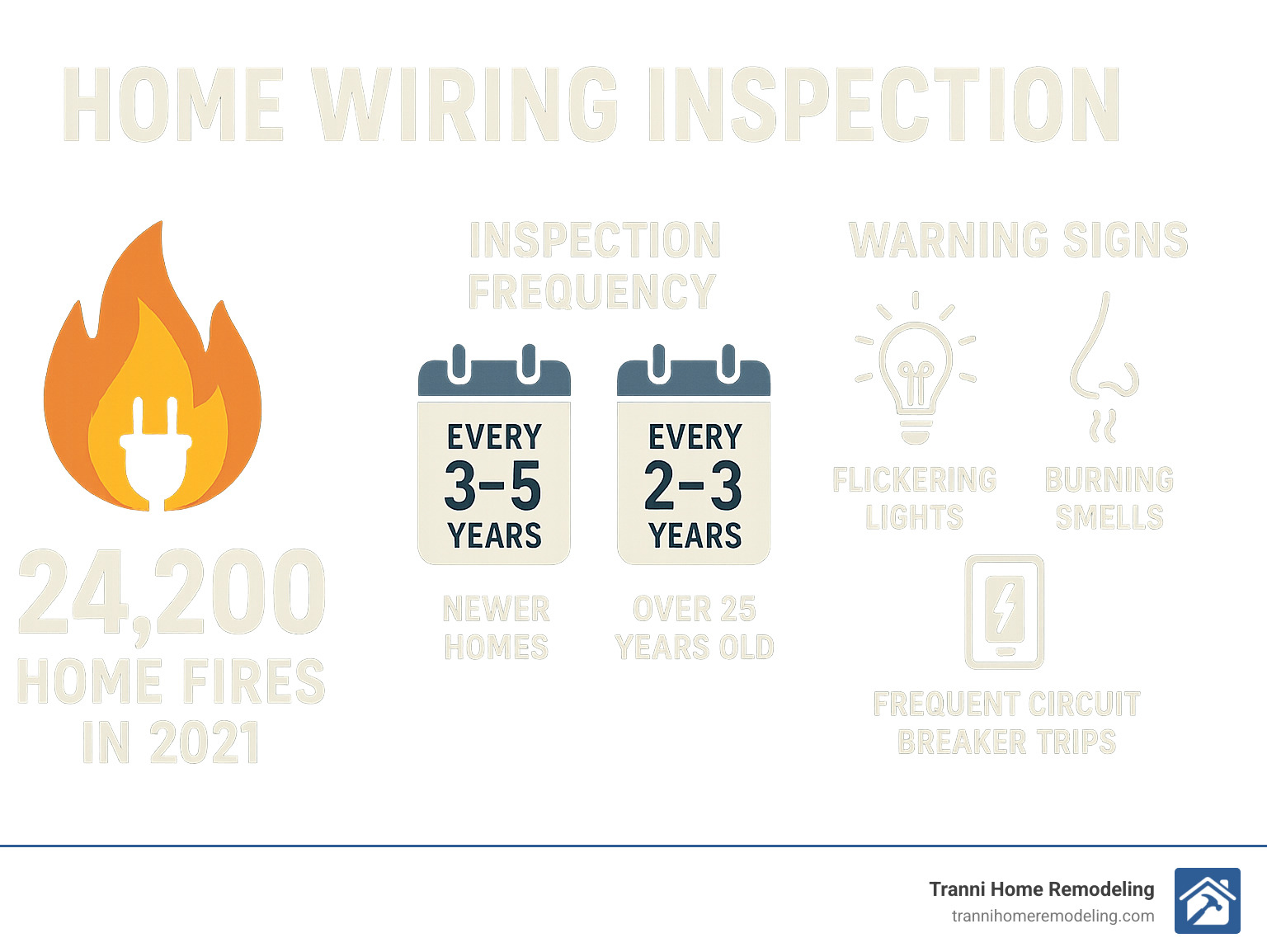 Infographic showing annual electrical fire statistics with 24,200 home fires in 2021, inspection frequency recommendations of every 3-5 years for newer homes and 2-3 years for homes over 25 years old, and common warning signs including flickering lights, burning smells, and frequent circuit breaker trips - Home wiring inspection infographic 