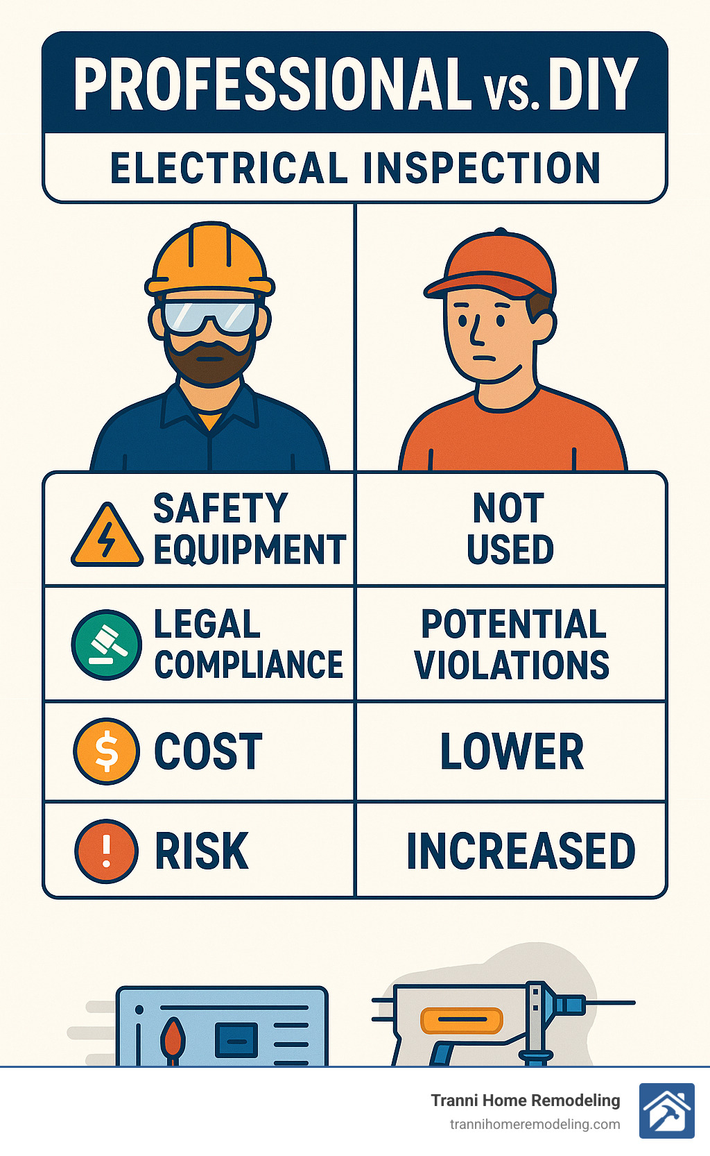 infographic comparing professional vs DIY electrical inspection showing safety equipment requirements, legal compliance issues, cost comparisons, and risk factors - Home wiring inspection infographic 